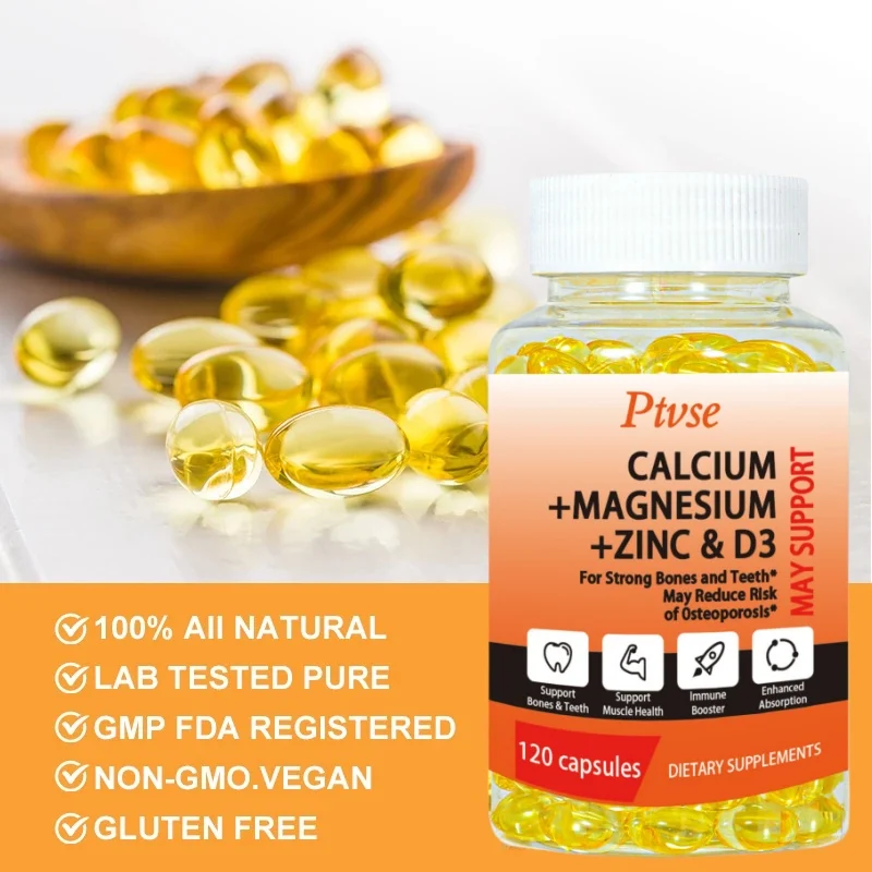 Ptvse Calcium Magnesium Zinc Capsule Vitamin D3 for Strong Bones Teeth Heart Nerve Increase Immune System Function Supplement