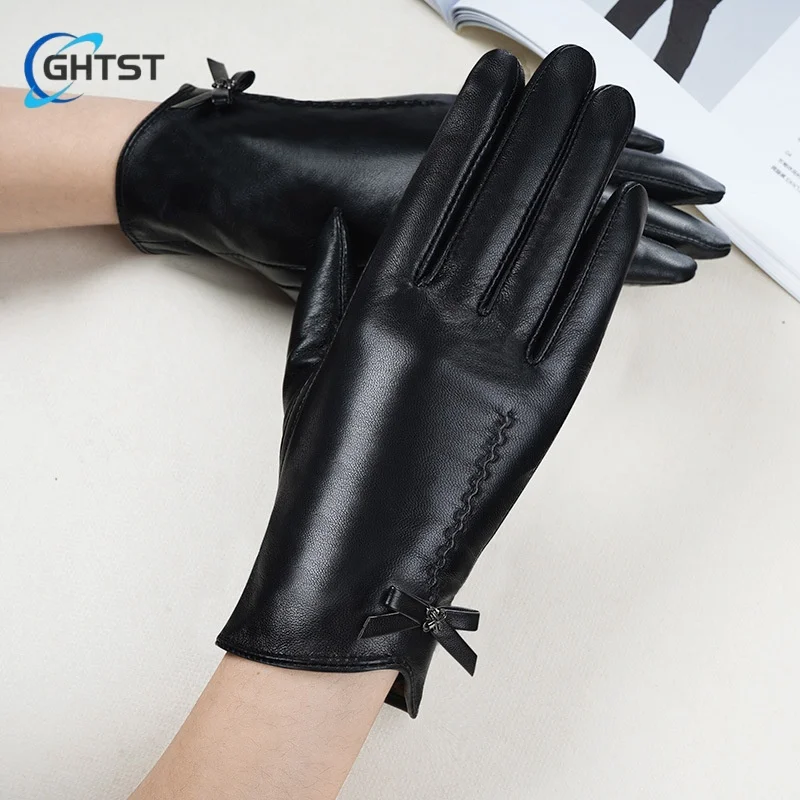 Popular Black Bowknot Women Gloves Genuine Lambskin  Spring Winter Warm Comfortable Girl Gloves Trendy Female Short Glove