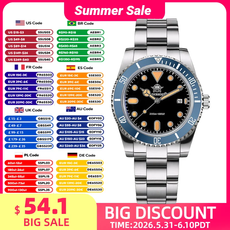 

ADDIESDIVE Men's 39mm Quartz Watch Super Luminous Bubble Glass Diver Watches 200m Waterproof Ceramic Bezel 316L Steel Wristwatch