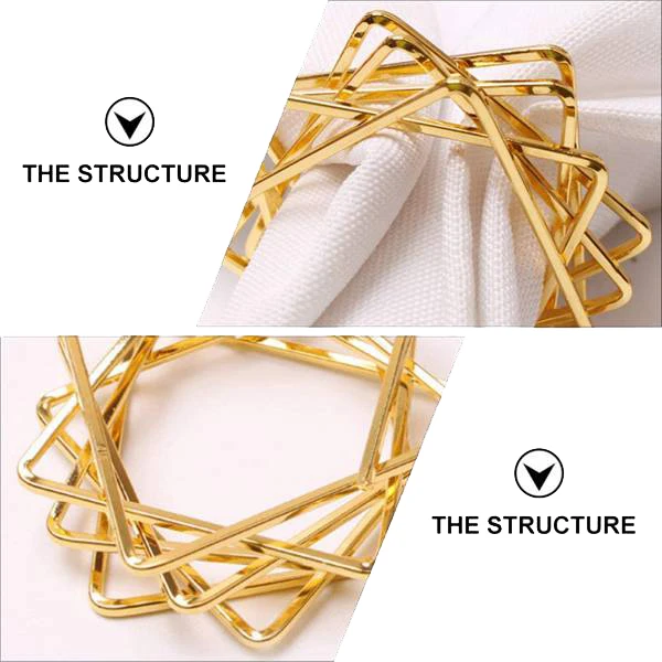 結婚式や誕生日パーティーの装飾のための金属製ナプキンホルダー、ポリゴンスターのデザイン、ゴールドリング、10個