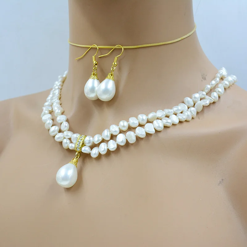 2-layer 6MM AAA natural white Baroque pearl necklace earring set. Classic Women's Most Beautiful Jewelry 18'