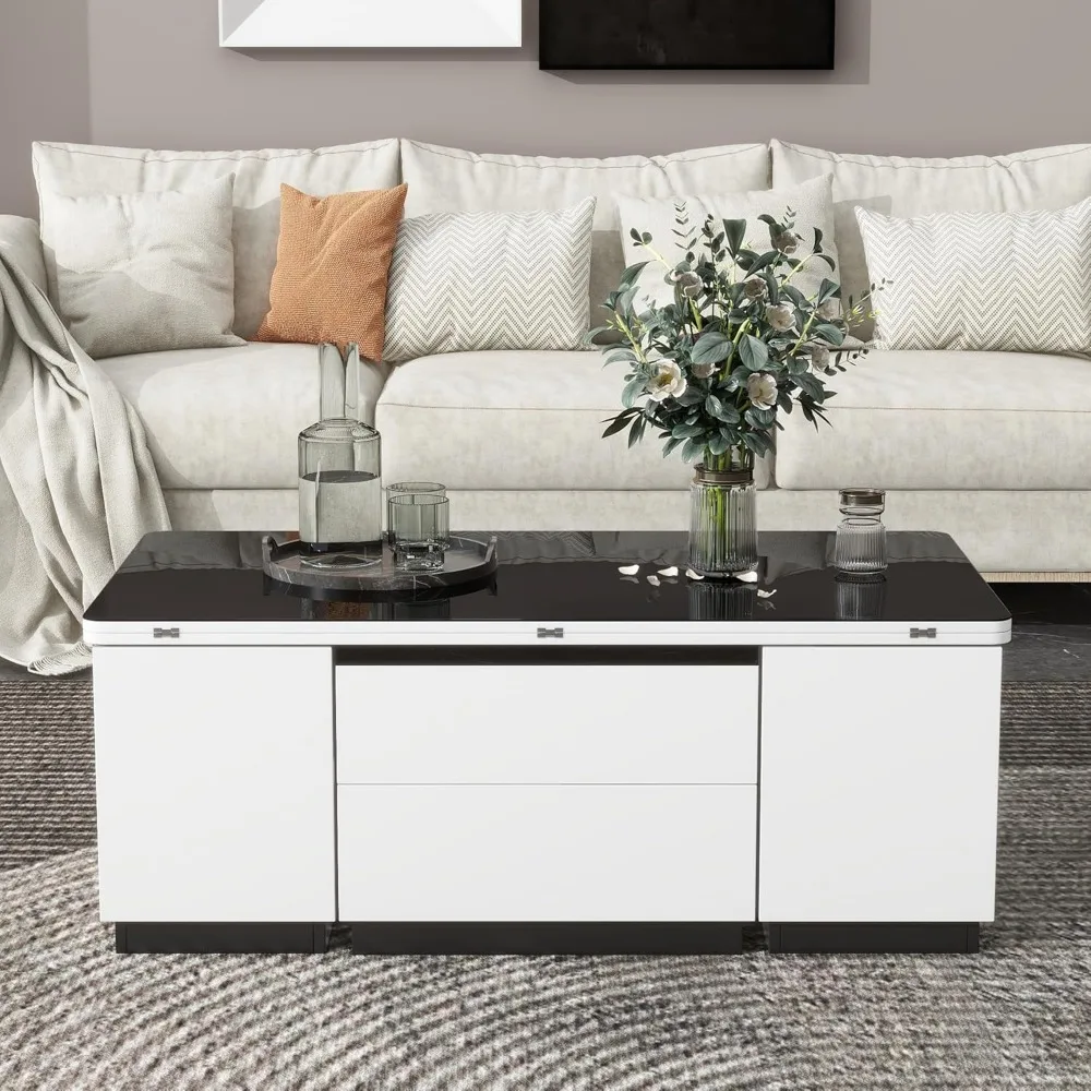 Modern White Lifting Glass Coffee Table, Multifunctional Table with Drawers and Storage