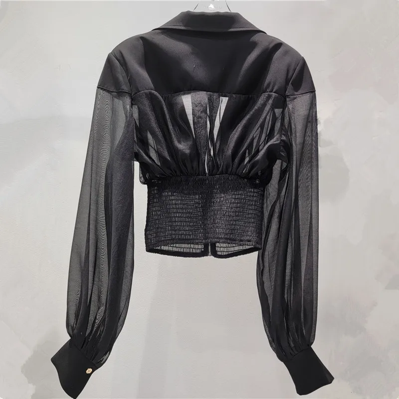 2025 Spring and Summer New Temperament Elastic Waist Mesh Transparent Shoulder Pad Sunscreen Suit Short Jacket For Women