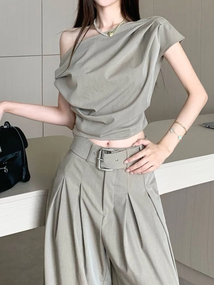 

Summer Cool Fashion Set Women's Casual High Waist Wide Leg Pants Asymmetrical Shoulder Top Two-Piece Suit Stylish Trendy