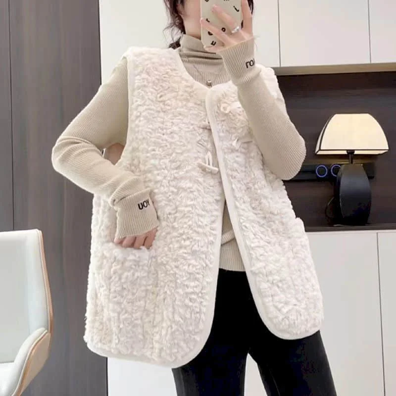 

Fleece Waistcoats for Women Plush Vests O-neck Casual Sleeveless Cardigans Oversized Winter Lambhair Jackets Loose Women Tops