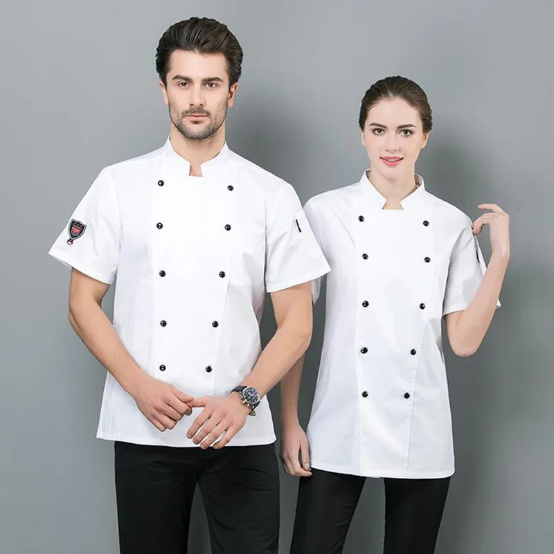 クックオーバーオール薄型通気性半袖男性女性シェフ作業服キッチンホテルレストランプラスサイズスタッフ制服-h2086