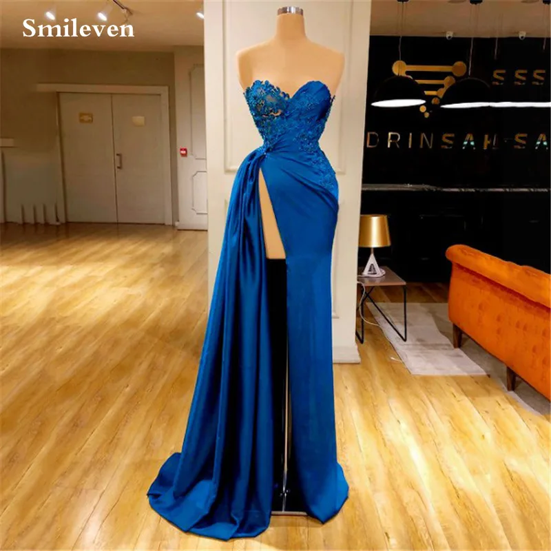 

Smileven Royal Blue Lace Prom Dresses Sweetheart Neck Evening Gowns Side Split Saudi Arabia Simple Wedding Party Dress 2023