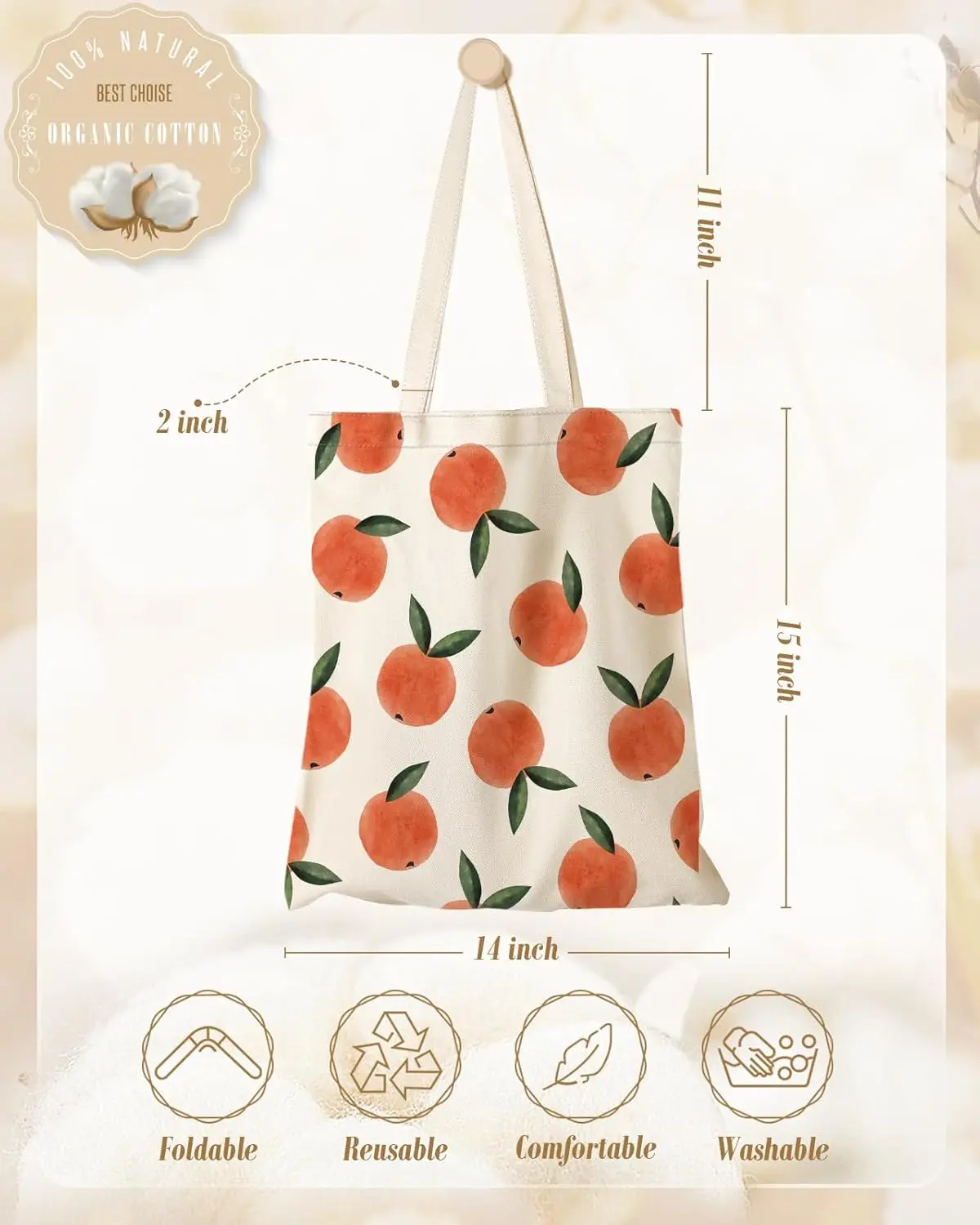 Watercolor Fruit Canvas Tote Bag Peach Print Reusable Eco Friendly Shopping Bag Summer Gift Bag