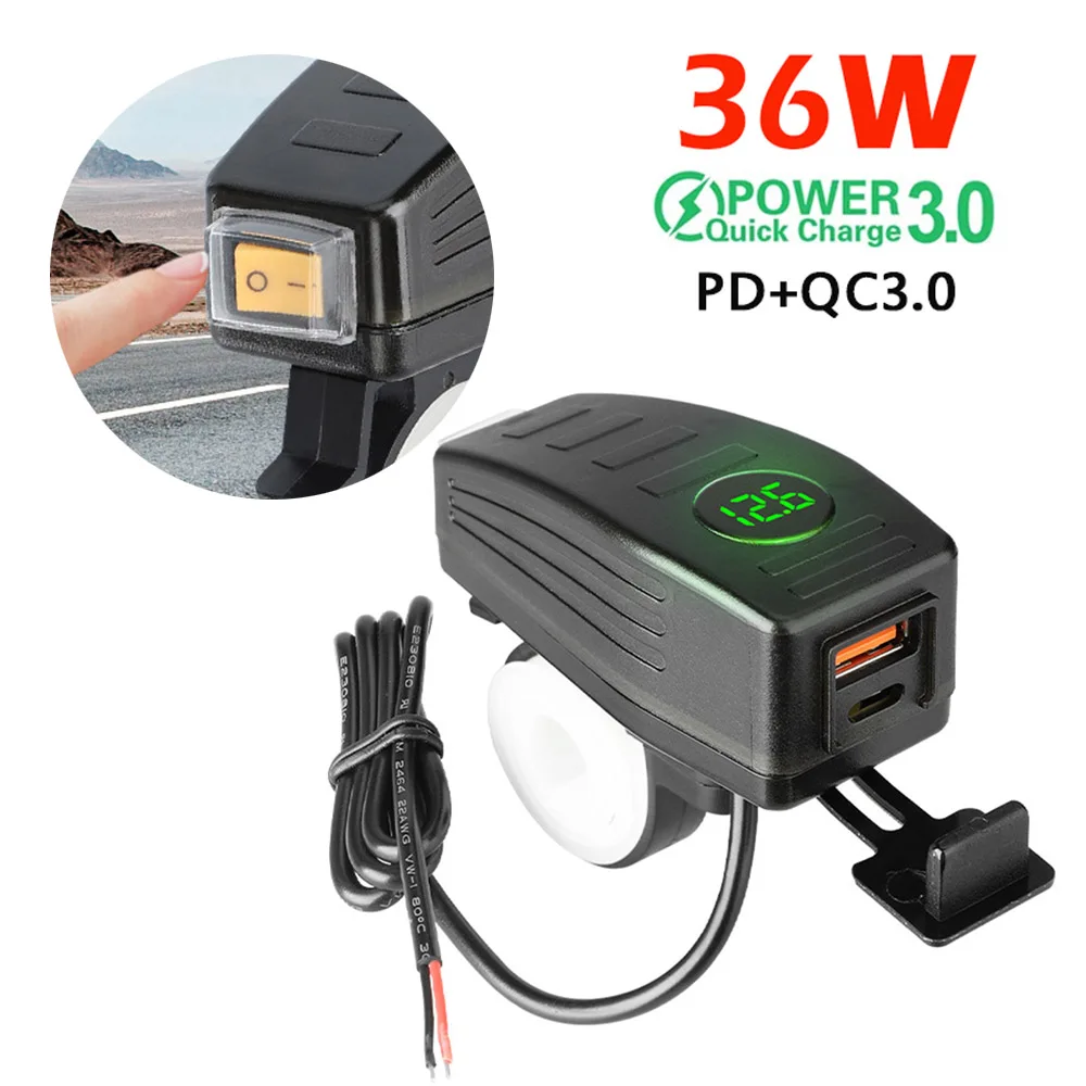 Motorcycle Charger PD+QC3.0 38W Waterproof 12V USB Moto Handlebar/Rear Mirror Dual Port Fast Charge Power Socket With Voltmeter