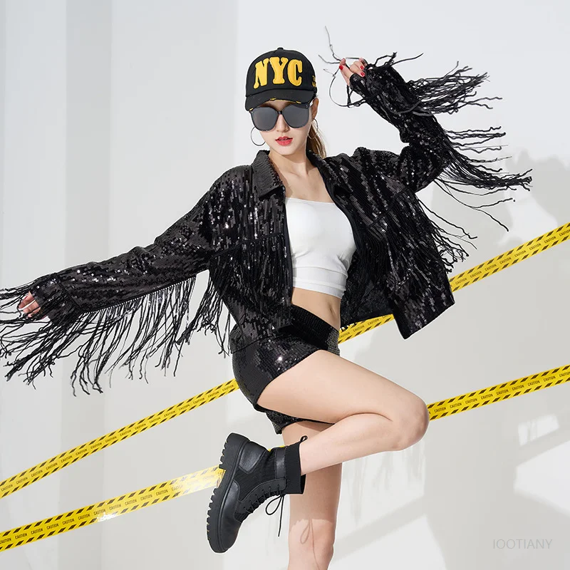 

Fashion Men's Women's Dance Performance Cosplay Bomber Jacket Sequined Cardigan Coat Autumn Silver Gold Shiny Stage Tassel Coats