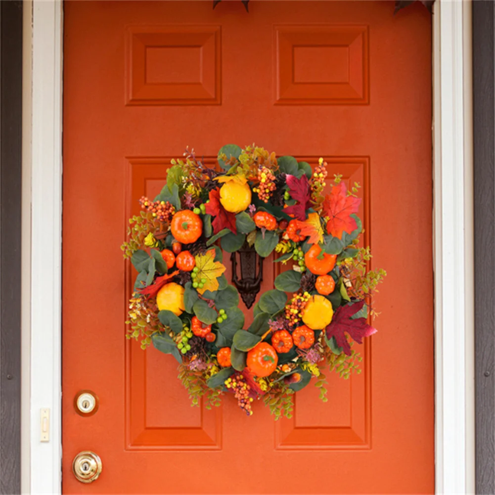 Fall Artificial Pumpkin Wreaths Wall Hanging Farmhouse Fall Celebration Eucalyptus Leaves Plump Berries Harvest Festival Door