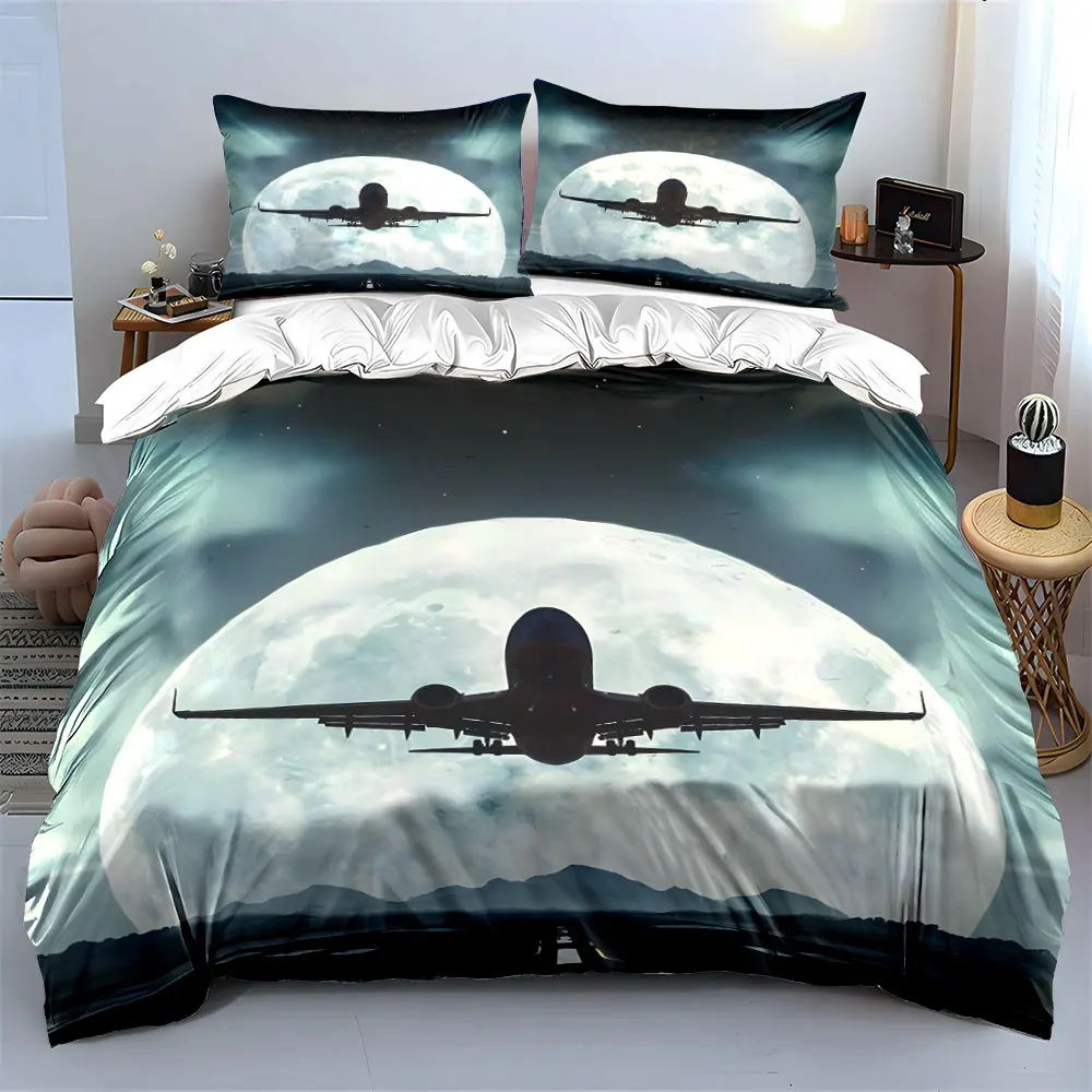 Airplane Silhouette Taking Off Full Moon Duvet Cover Set with 3D Printing Design Soft Polyester Bedding Set All-Season Comfort