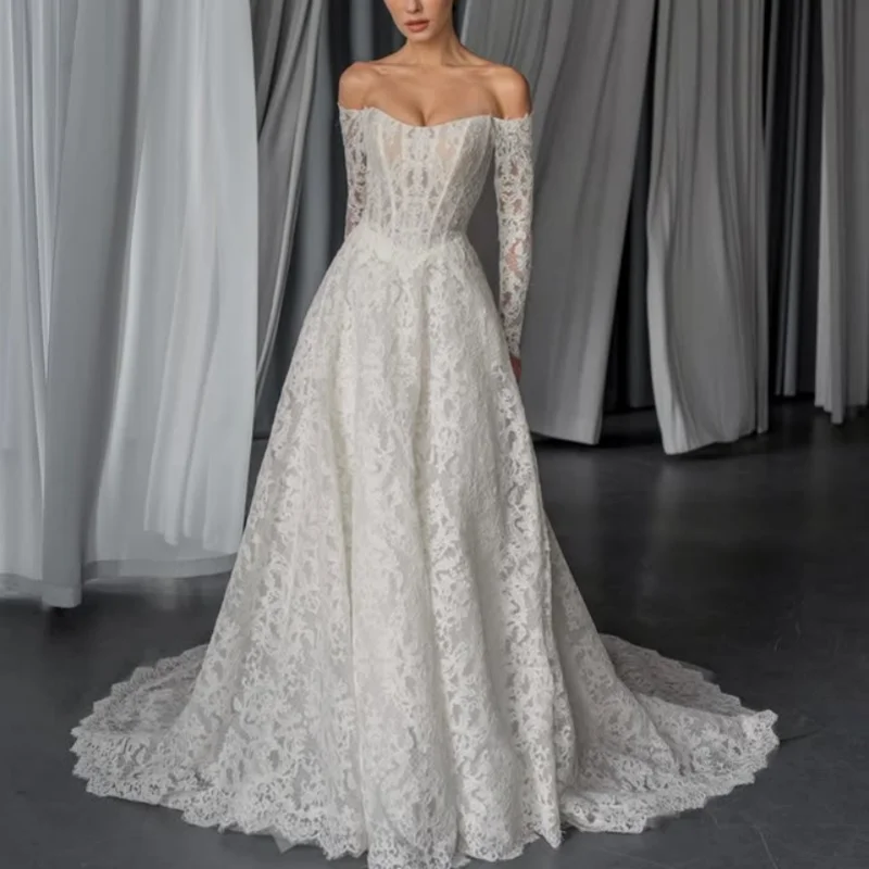 

simple Lace White Appliques Wedding Dresses decal glitter A skirt long sleeves Gowns Made wedding dress