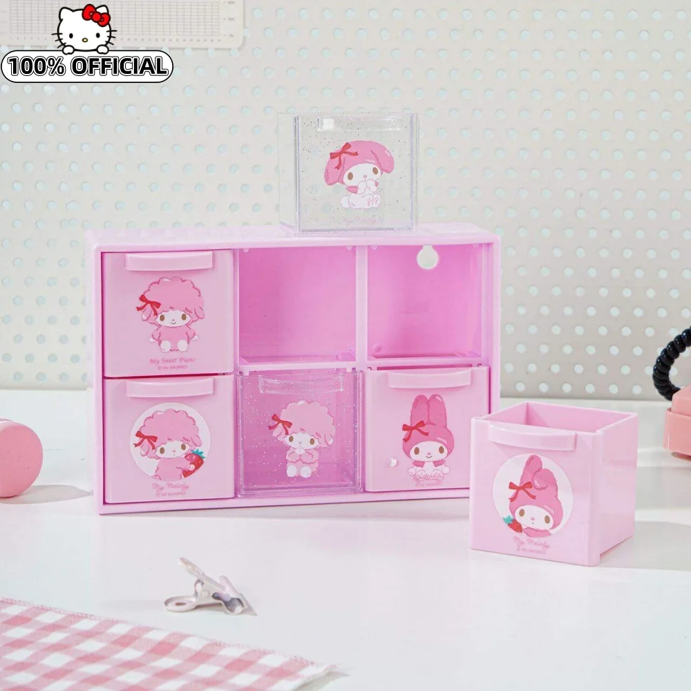 Genuine Sanrio Multi‑Grid Drawer Storage Box Cute Melody Desktop Organizer For Eraser Sticker Study Supplies Cosmetic Trinkets