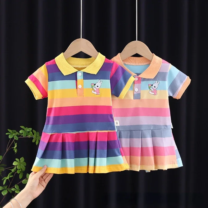 

Baby Girl Summer Dress Girl's Dress Baby Lapel Striped Short Sleeve Pleated Skirt 1-2-3-4 Years Old Kids Dresses for Girls New