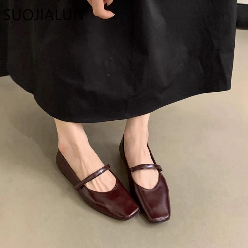 SUOJIALUN 2024 Autumn Women Flat Shoes Fashion Shallow Ladies Mary Jane Shoes Square Toe Soft Flat Heel Outdoor Casual Ballerina