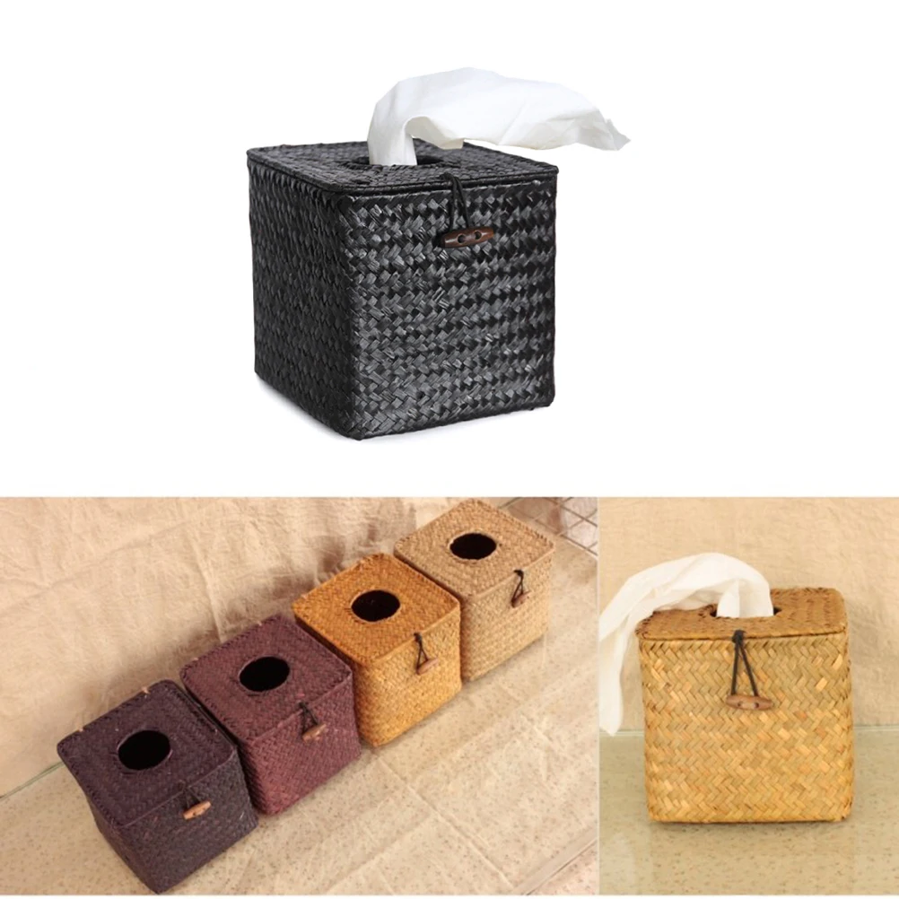 

5pcs Handwoven Seagrass Tissue Box Set For Bathroom Office Decor (Espresso) Refillable Storage Cover Napkin Holder Paper Box