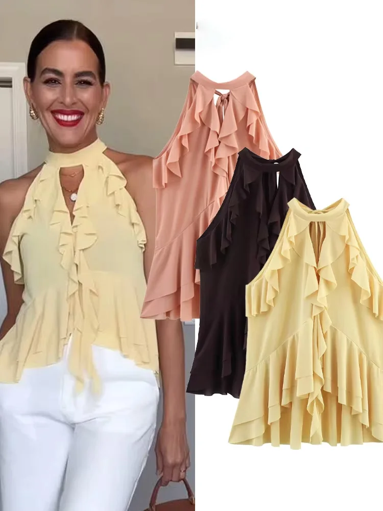 

HH Women New Solid Hanging Neck Collar Top Spring Female Elegant Backless Laminated Decoration Sleeveless Slim Short Top