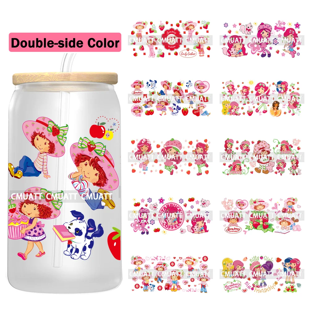 Double Side Color Strawberry Girl UV DTF Cup Wrap Transfers Stickers For 16oz Libbey Glass Mugs Bottle Plate Cover DIY Custom