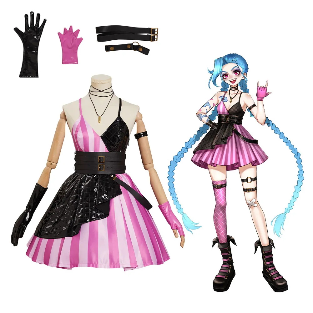 

LoL Jinx Cosplay Costume Goth Lolita Dress Gloves Roleplay Outfits Female Girls Halloween Carnival Party Disguise Suit