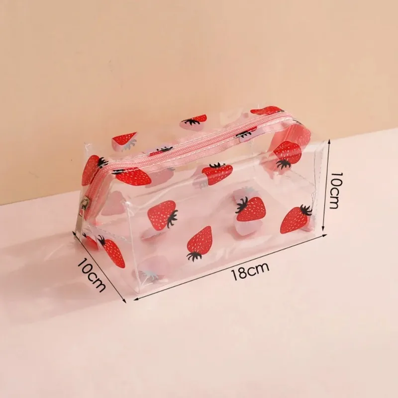 2024 New Cosmetic Bag Kawaii Cute Transparent Large Capacity Portable Print Fruit Heart Pattern Pencil Case Makeup Storage Bag