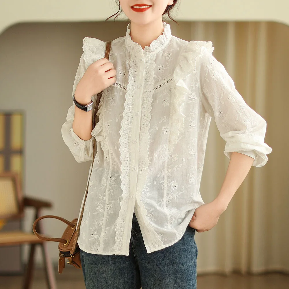 Japan Style Sweet Lolita Ruffles Embroidery Cotton Shirts Women Spring Summer Stand Collar Long Sleeve Casual Loose Blouse