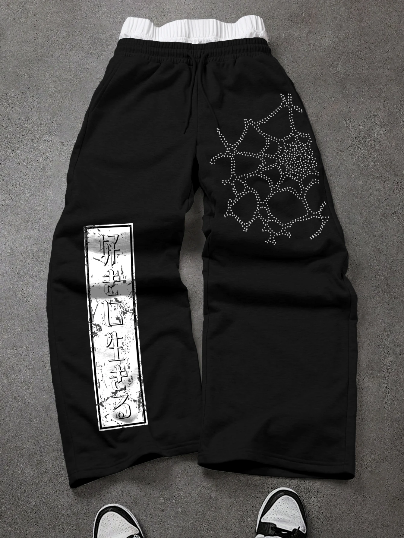 Men's Japanese Spider Web Text Print Baggy Wide Leg Sweatpants Polyester S-3XL Drawstring Hip Hop Streetwear Full Length Pants