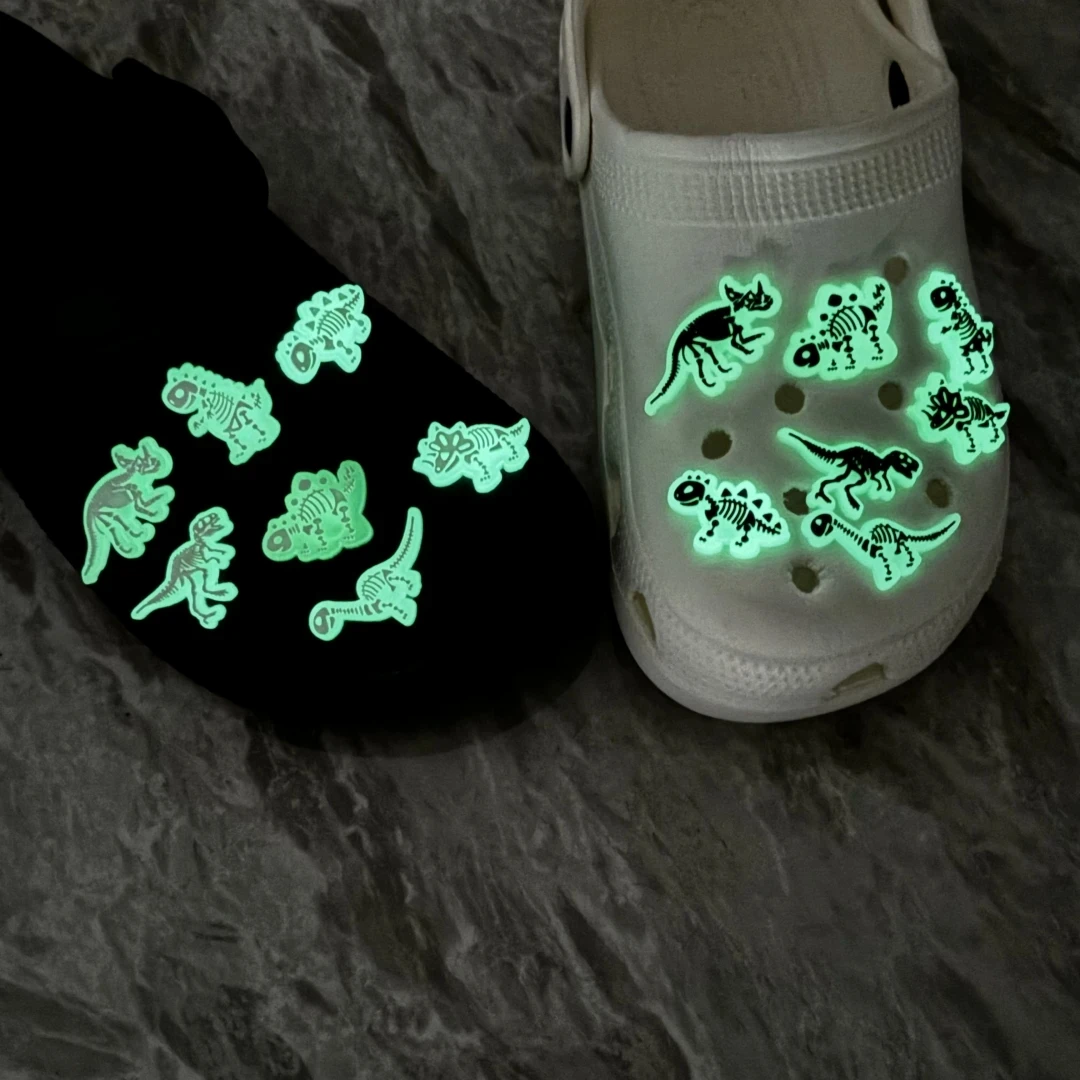 14pcs Luminous Dinosaur Shoe Charms PVC Fluorescence Dinosaur Skeleton Garden Shoes Buckles Decoration  Accessories Kids Gifts