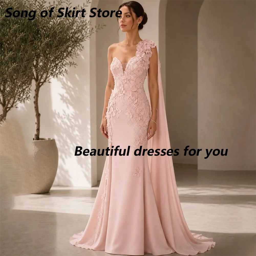 Luxuriöses Abendkleid mit Perlen und Blumen, maßgeschneidert, One-Shoulder-Applikationen, Meerjungfrauen-Stil, bodenlang, Partykleid, langes Ballkleid
