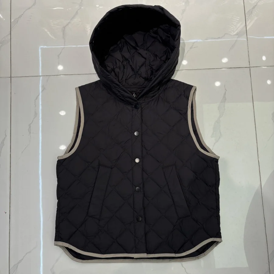 Gilet en duvet de canard blanc pour femme, coupe ajustée, à capuche, sans manches, avec motif de grille de diamant, nouvelle collection automne/hiver