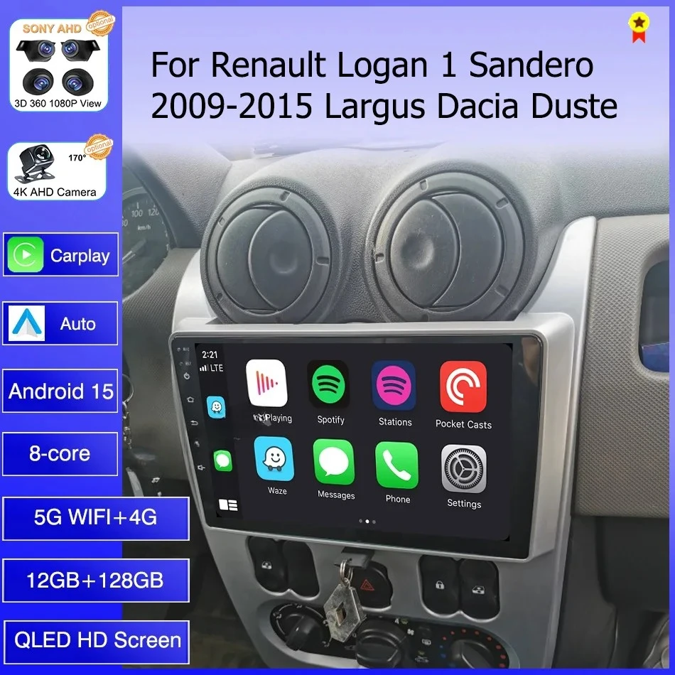 Android 15 Carplay Android Auto For Renault Logan Sandero 2009 -2015 Dacia Duster 2010-2017 Car Radio Multimedia Player Navi GPS