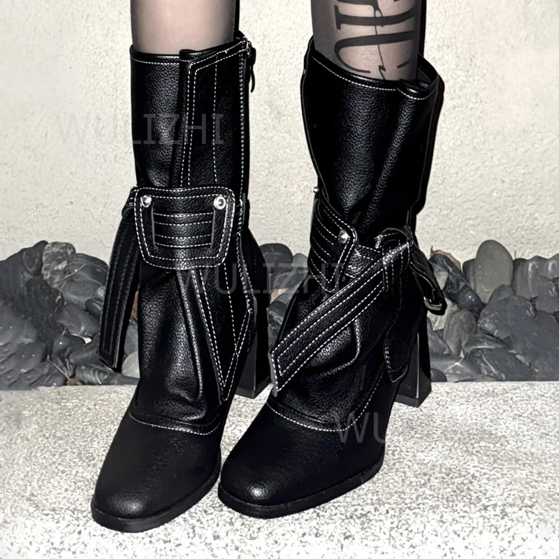 

Black Stitched Folding Leather Boots Women Chunky Heel Spring Style Round Toe Cool Girl Calf Pleats Lace Up Patchwork Shoes