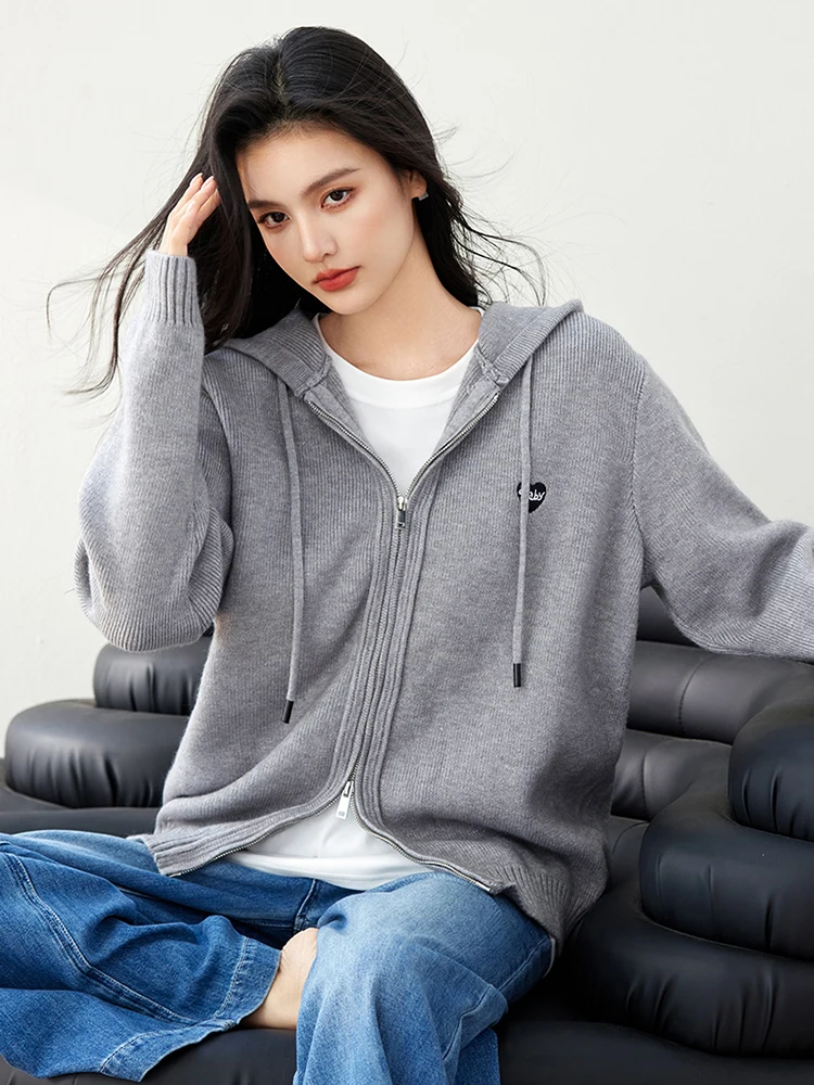 2024 Autumn Winter New Gray Preppy Style Double Zipper Hooded Cardigan Women\'s Loose Casual Soft Knitting Sweater Female Coat