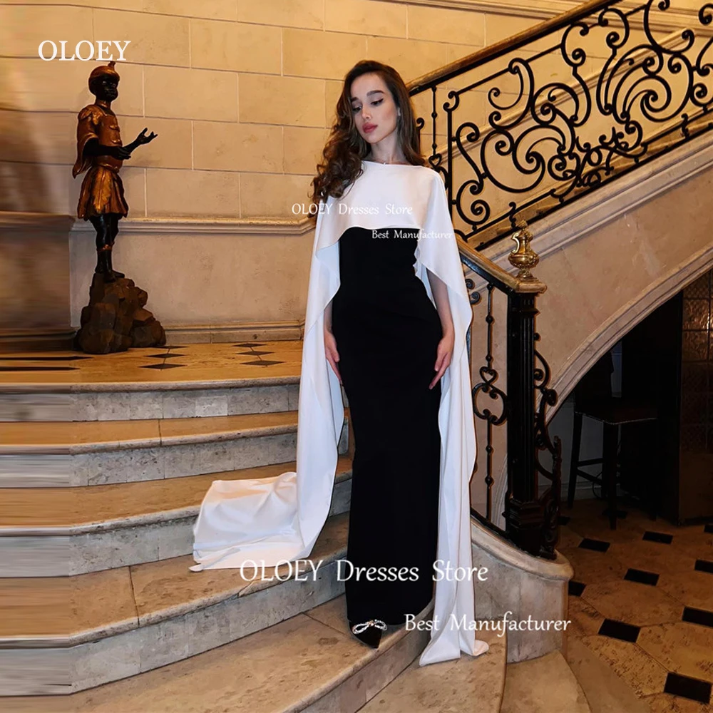 

OLOEY Simple Black Mermaid Saudi Arabic Evening Dresses Bolero Jacket White Floor Length Formal Party Dress Night Event Gowns