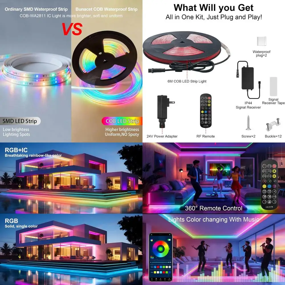 

Водонепроницаемые светодиодные ленты RGB+IC 24 В, рейтинг IP67 для наружного использования, радиочастотный пульт дистанционного управления и управление через приложение, функция синхронизации музыки для дома и Ga