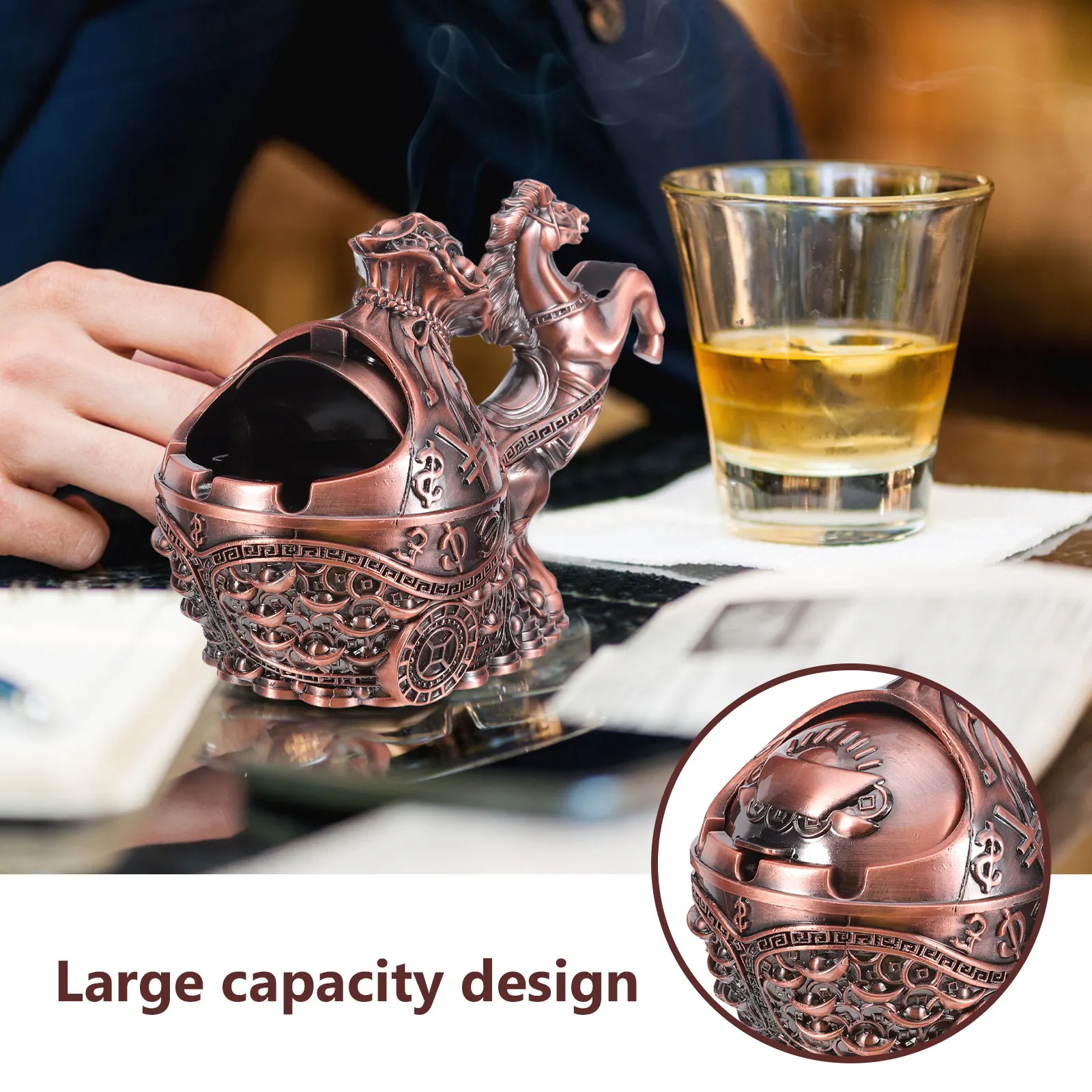 

Vintage Red Copper Horse Statue Ashtray with Lid - Windproof Smokeless Metal Ashtray, 2026 Year of the Horse Decorative Ornament