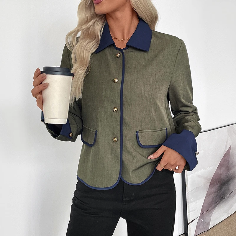 

Women Green Contrast Trim Jacket Single Breasted Gold Buttons Long Sleeve Coat Fall Casual Office Blazer Elegant Daily Wear
