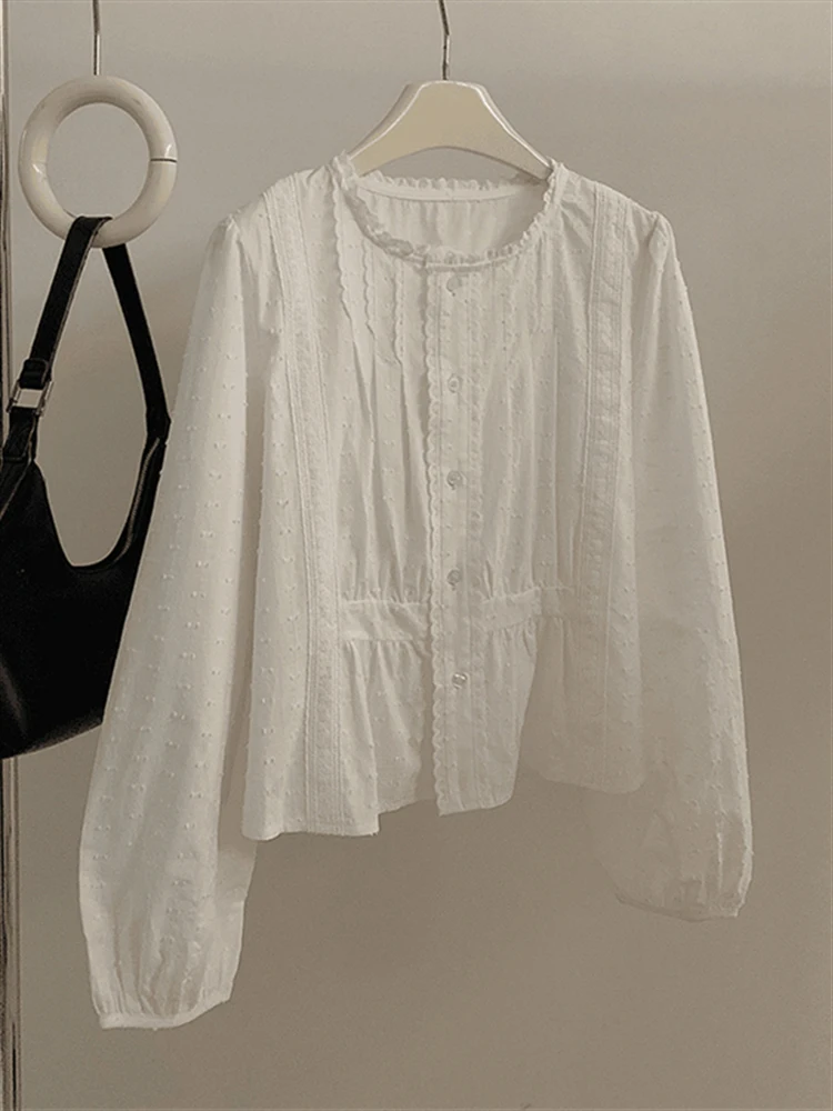 

Sweet Loose Long Sleeve round Neck Lace Trim White Shirt Women's Spring Autumn Korean Style Commute Fashion Baby Doll Top