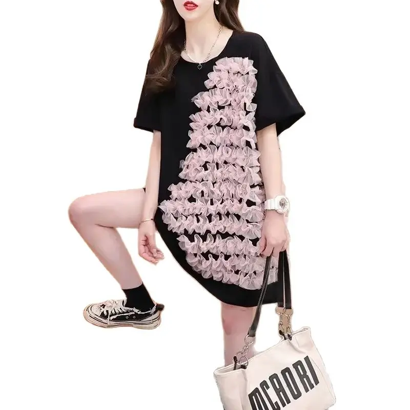 

Fashion Dress Lace Panel Short Sleeve T-shirt Dresses for Women 2024 Summer New Korean Loose Medium Length T-shirt Top