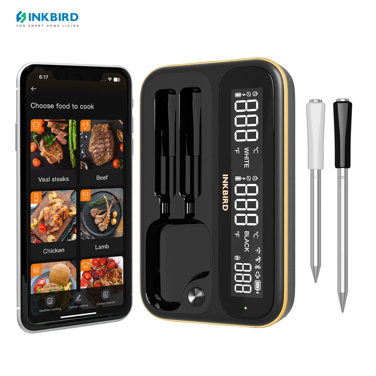 INKBIRD Bluetooth Digital Food Thermometer Long and Short Probes Combo Built-In 2500mAh Battery Wireless Thermometer for Cooking