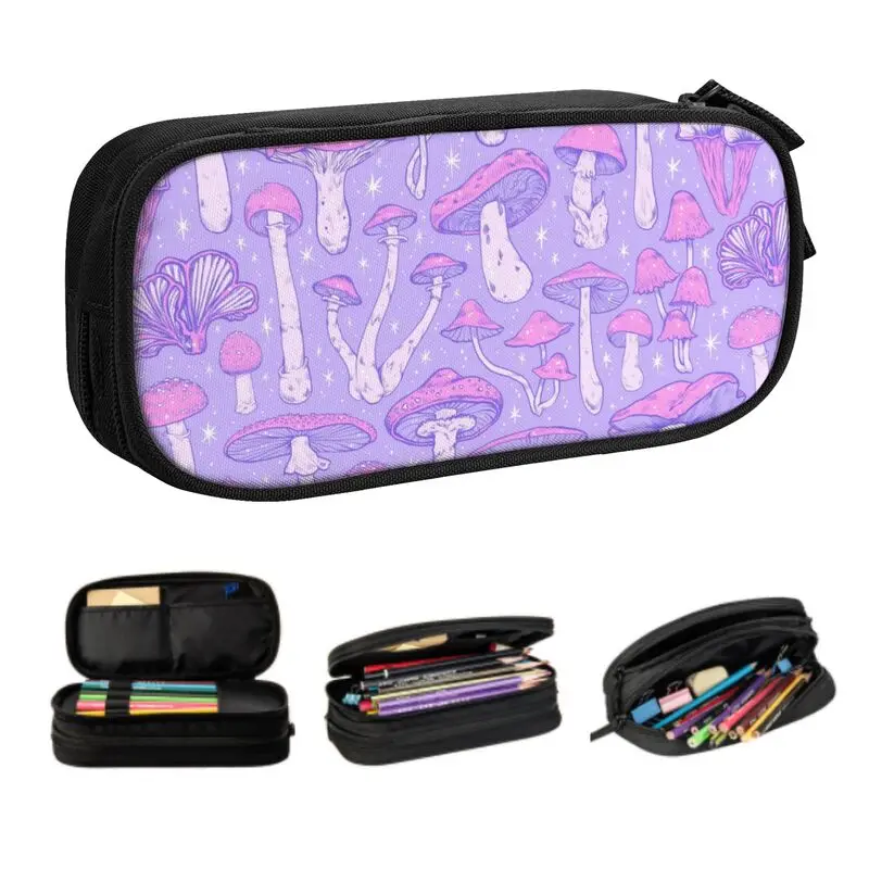 Custom Kawaii Magic Mushrooms Pastel Purple Pencil Case for Boys Gilrs Large Storage Psychedelic Pencil Bag Stationery