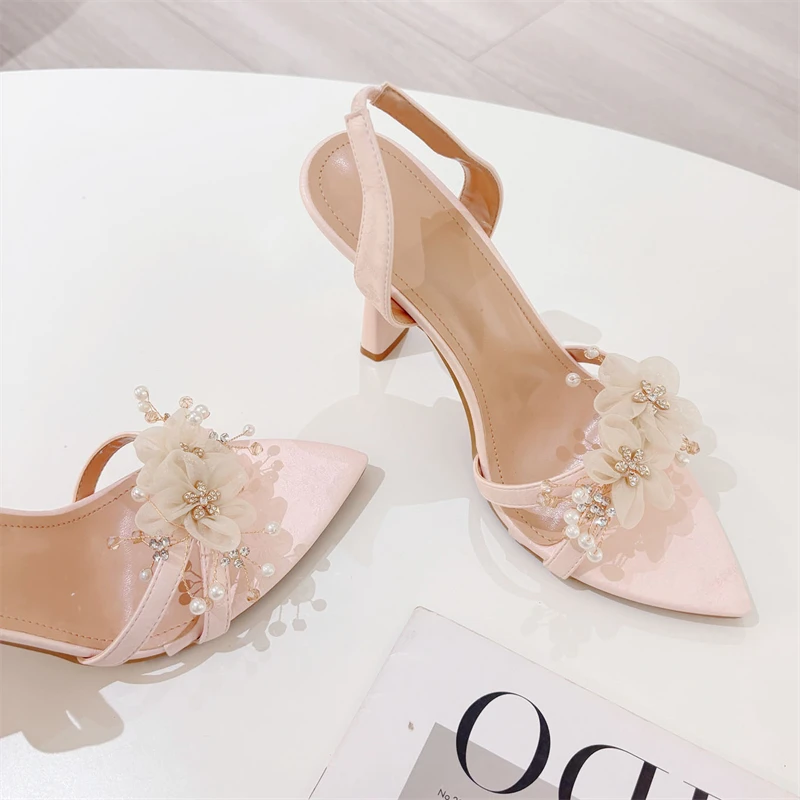 Eilyken CRYSTAL Flower Pointed Toe Women Sandals Summer Fashion Elegant Slingbacks High Heels Party Wedding Shoes