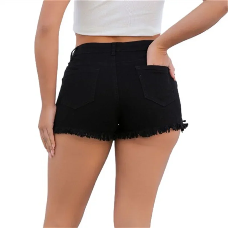 Frauen Sommer Split Quaste Hose Beine Jeans shorts Vintage gebrochene Löcher Dreiviertel hose weibliche lässige Mini-Jeans mit hoher Taille – Detail 11