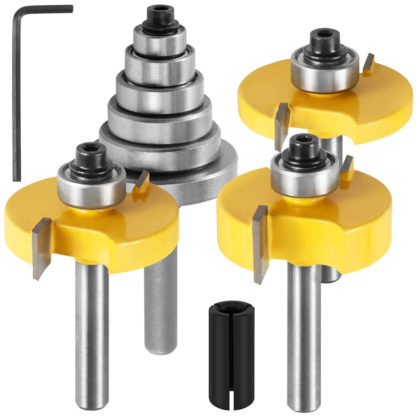 1/4 Inch Shank Rabbet Router Bit Set, 3pcs Carbide Tipped Rabbeting Router Bit with Adjustable 6 Bearings Interchangeable