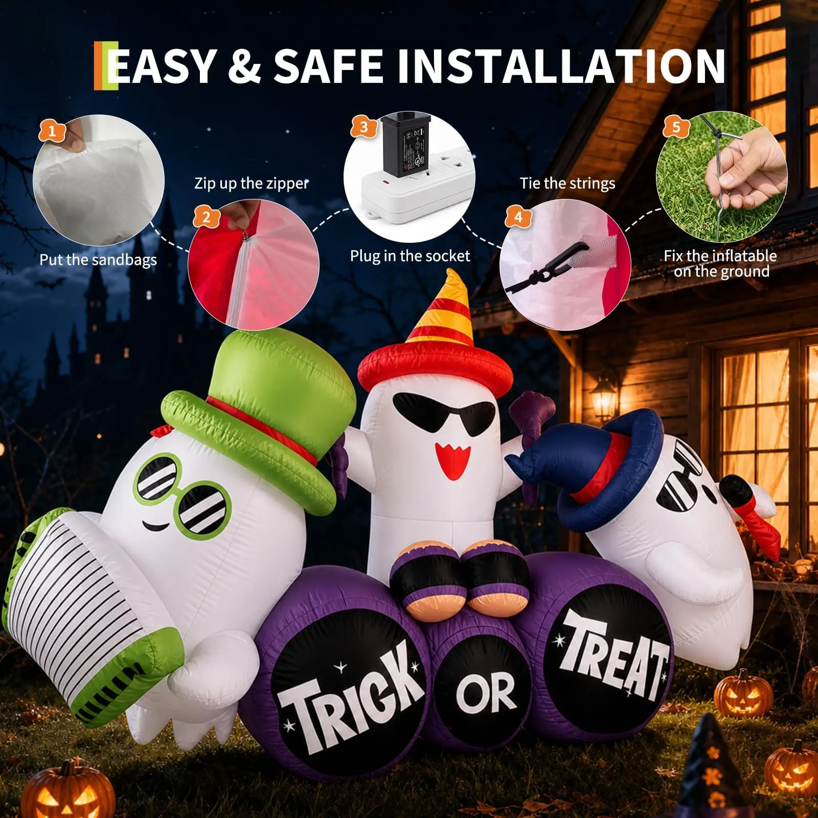 8FT Halloween Inflatable Ghost Decoration with LED Lights, Trick or Treat Blow Up Outdoor Yard Decor for Garden 3
