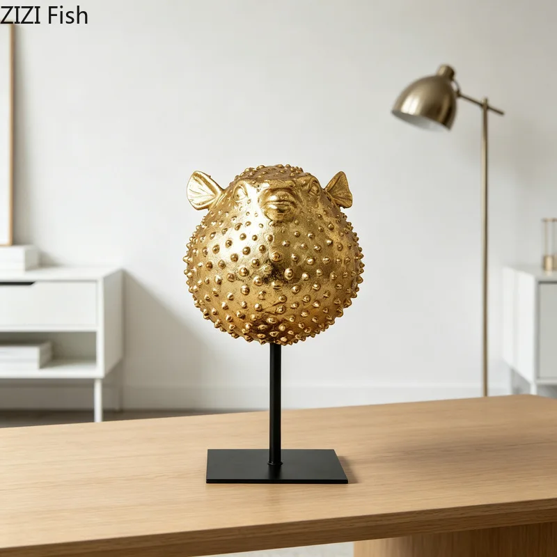 Golden Pufferfish Ornament Resin Animal Statue Art Sculpture Model Desktop Decoration Crafts Figurines Room Aesthetic Decor