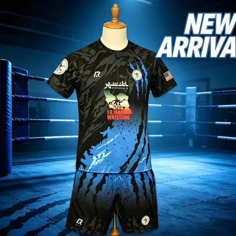2026 New Iranian Flag Wrestling Team Sports Suit, Y2K 3D Printed Unisex 2-Piece Tracksuit, Breathable Shorts Set Fitness Train