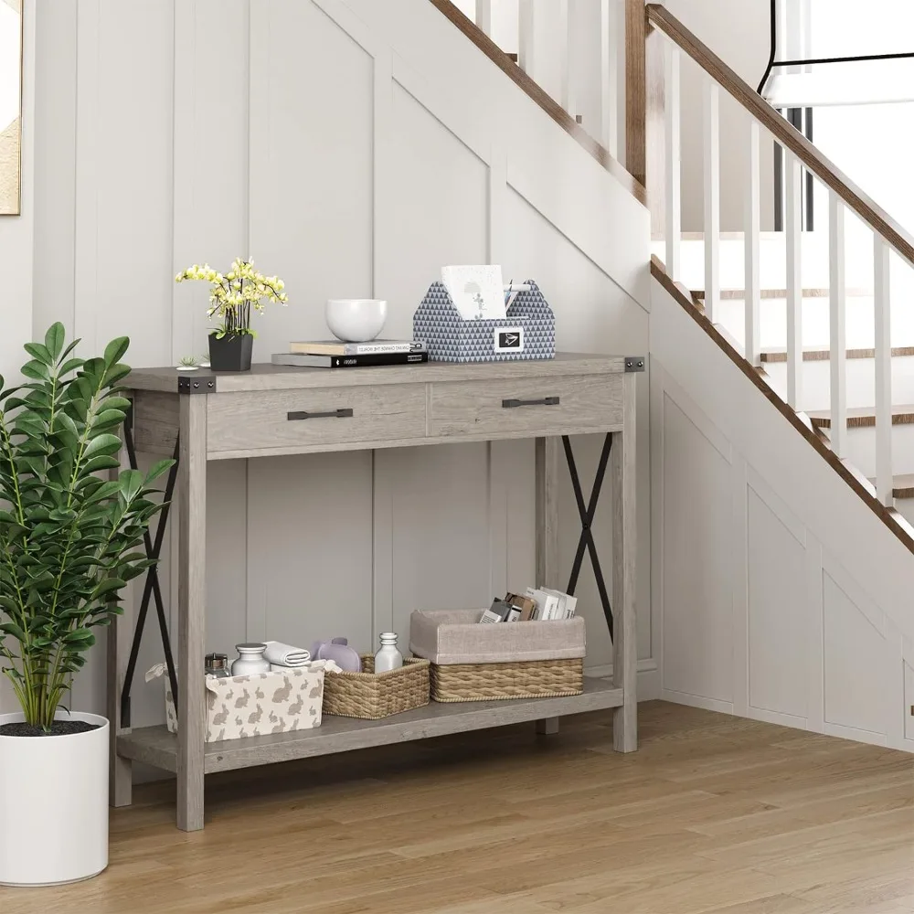 Sofa table, farmhouse console table with drawers, living room wooden sofa table, entrance hall, grey