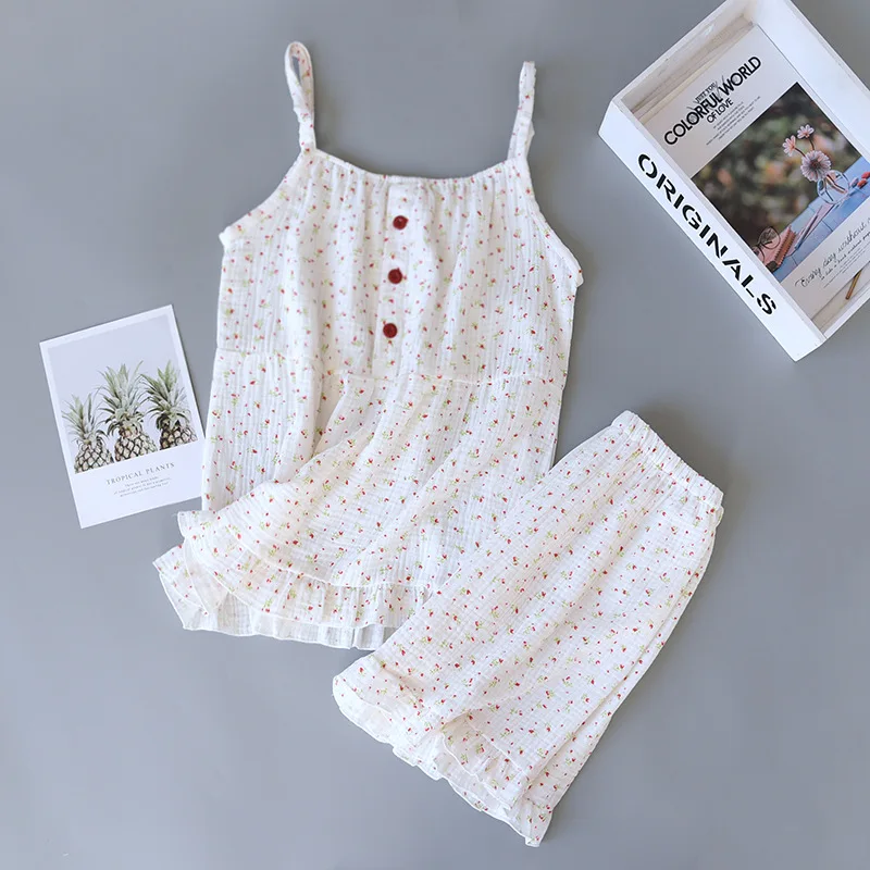 Fdfklak 여성용 꽃 무늬 잠옷 캐미솔 반바지 잠옷 세트 New Cotton Student's Nightwear Pijama Feminino Buttons