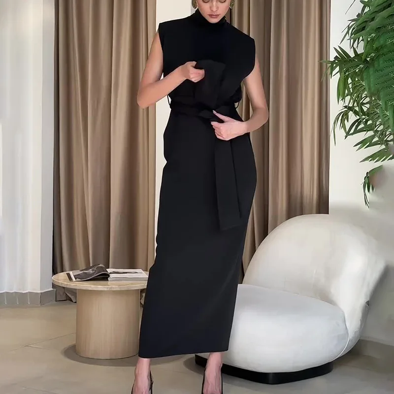 

Women Dresses Sleeveless Solid O Neck Zipper Party Dress Slim Fit Elegant Vestidos Ankle Length Spliced Sheath Formal 2024